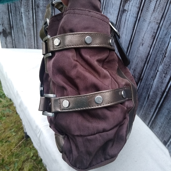 Rip Stop Nylon Faux Leather Buckle & Strap 3 Compartment Shoulder Bag - Picture 5 of 15